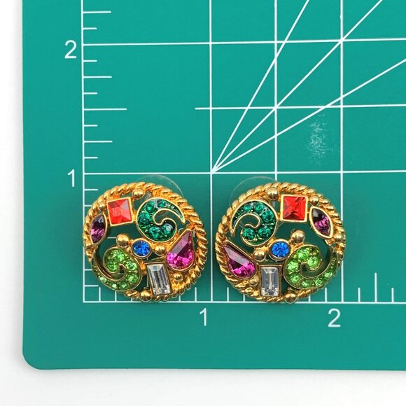 Haskell round gold tone and all colors rhinestones open work post back earrings - Picture 3 of 3